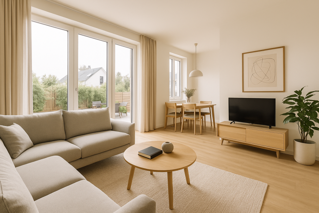 Helles, modernes Wohn- und Esszimmer in einem Neubau mit großen Fenstern und Terrasse – Beispiel für ein schlüsselfertig gebautes Haus.