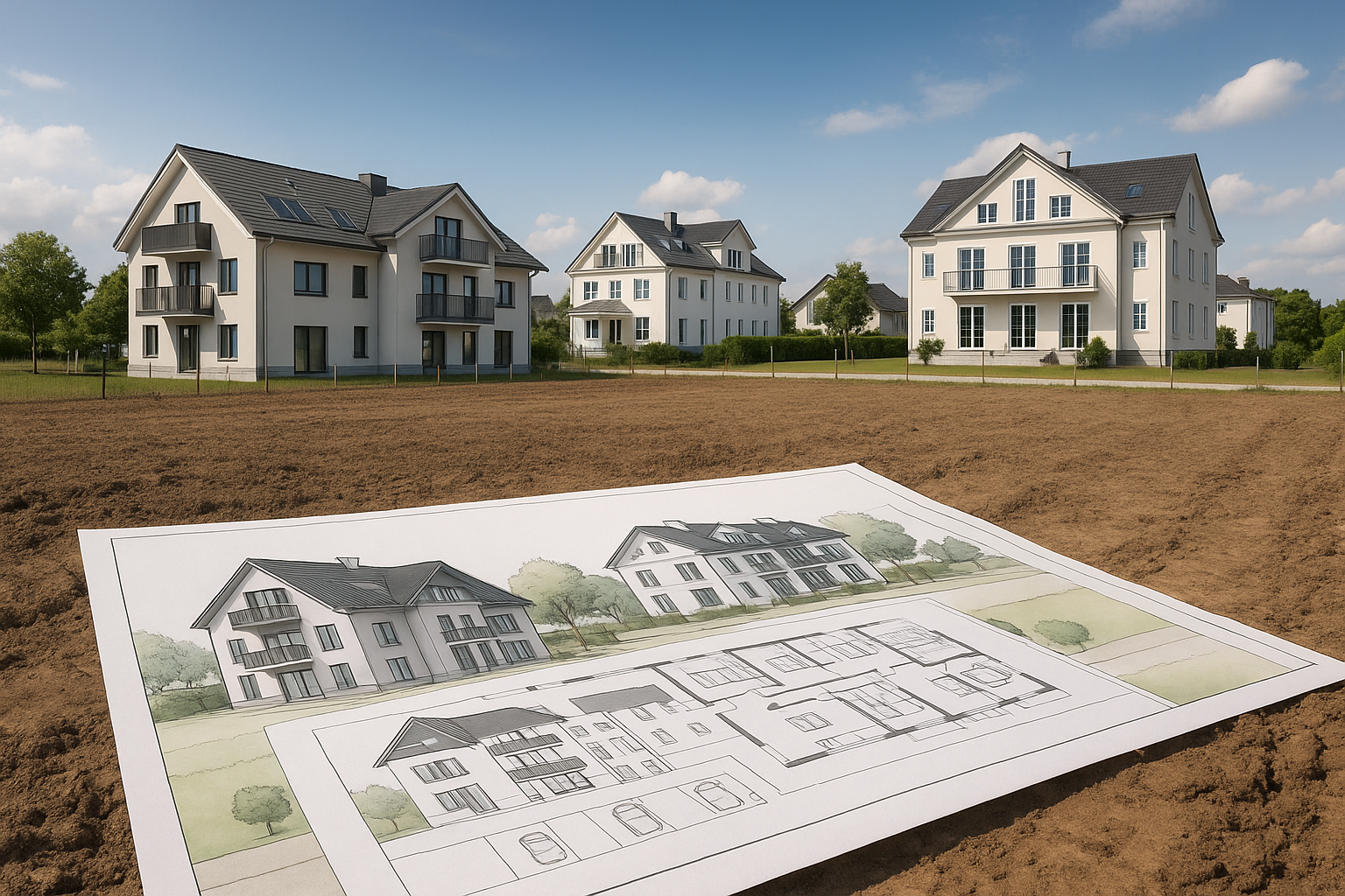 Geplantes Mehrfamilienhaus als Visualisierung auf einem Baugrundstück im Münchner Umland